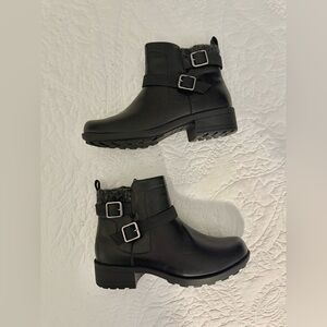 easy street Black Buckle Ankle Boots with Faux Fur Collar